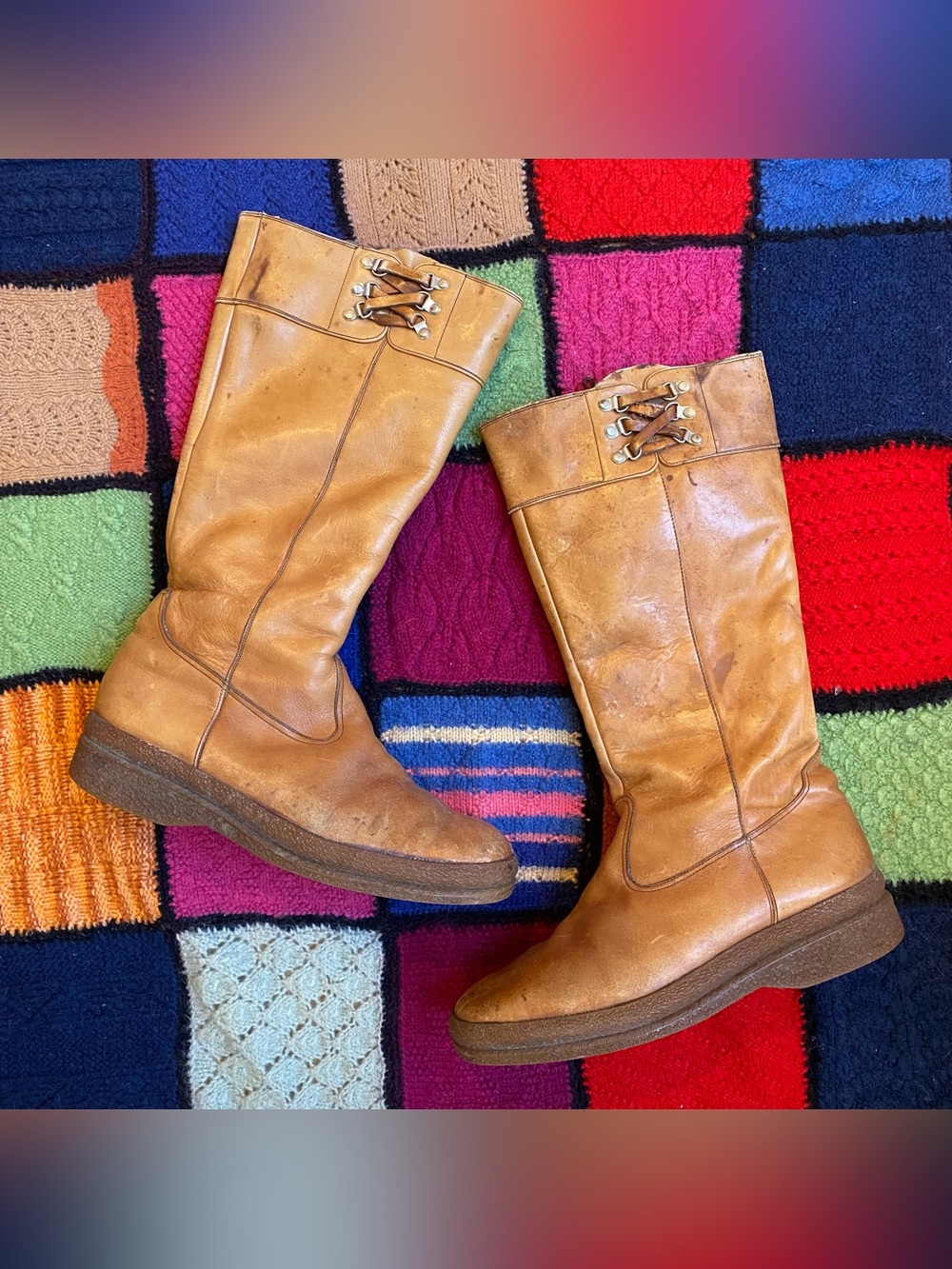 VTG Women’s Tom McAn Tall Leather Campus Sherpa Lined Boots Tan Zip Up Size 9.5